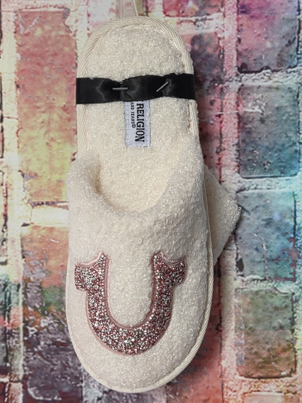 True Religion Slip-On Slippers with Pink Glitter Logo NWT